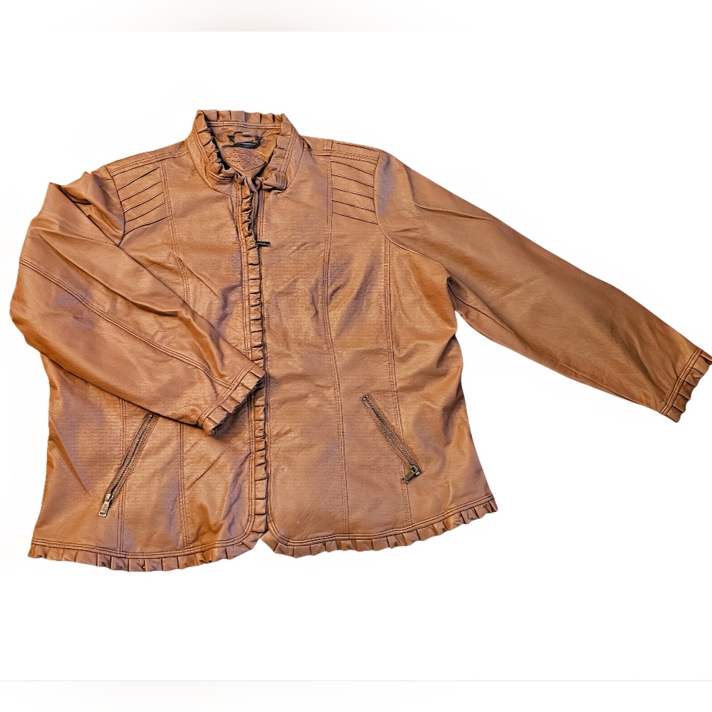 Joujou Vegan Leather Gathered Lined Coat Jacket Brown 3X